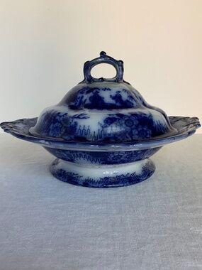Antique Flow Blue Covered Vegetable Dish